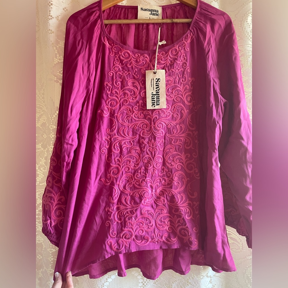NWT! Savanna Jane Fuchsia Pink Same-Color Embroidered Blouse
